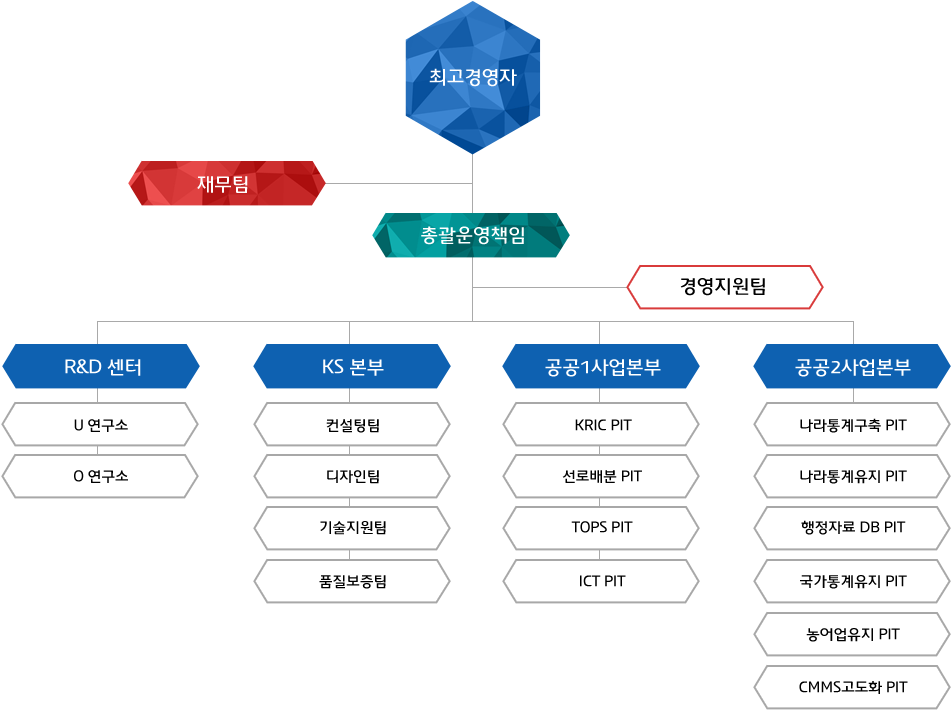 최고경영자, 재무팀, 총괄운영책임, 경영지원팀, R&D센터, KS본부-(컨설팅팀,디자인팀,기술지원팀,품질보증팀), 공공1사업본부-프로젝트TFT, 공공2사업본부-프로젝트TFT